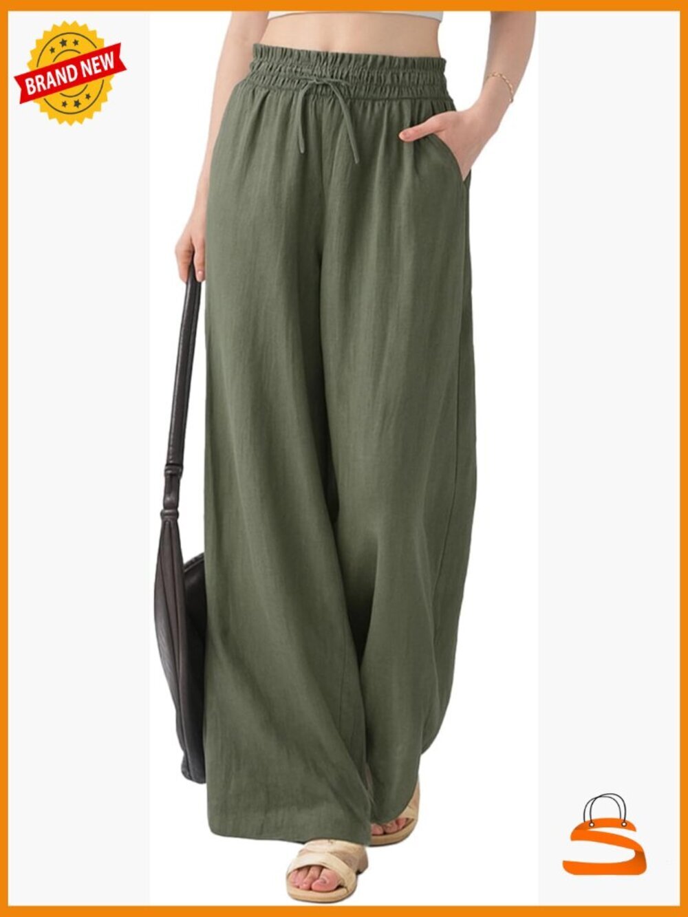 Linen Palazzo Pants Wide Leg Drawstring with Pockets
